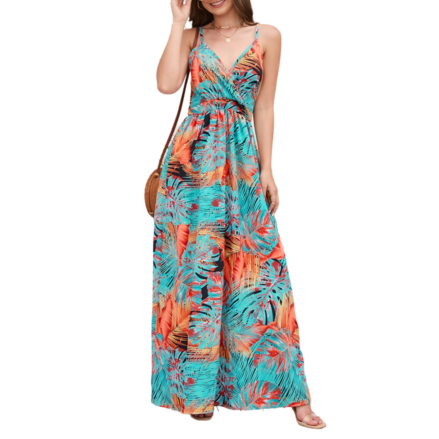 Women Spaghetti Strap Long Dresses Bohemian Beach Long Dress V Neck A Line Elas