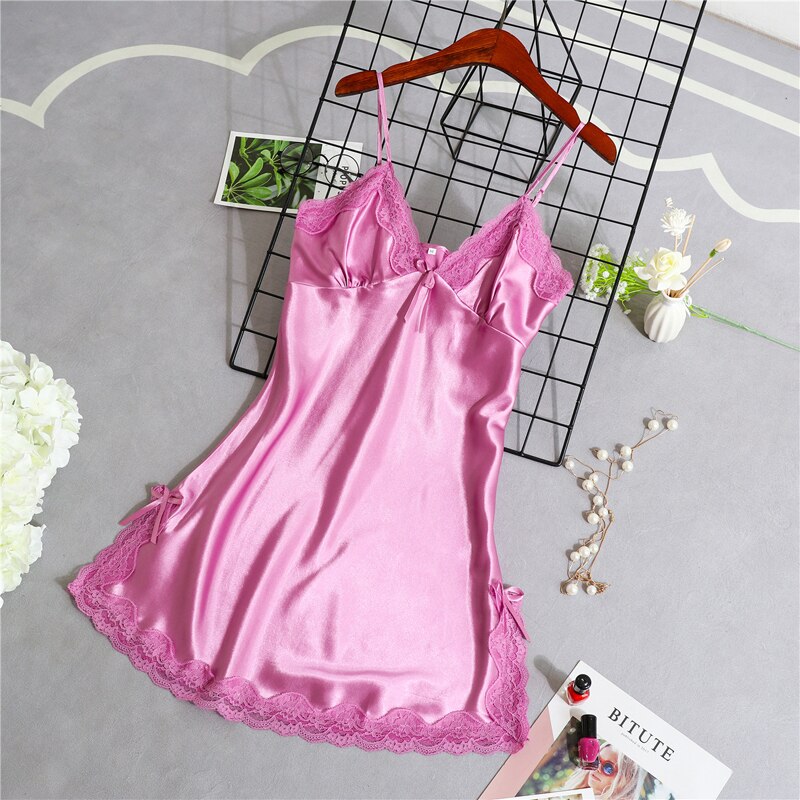 Women's Satin Nightgown Night Dress Women Cute Sleepwear Lace Summer