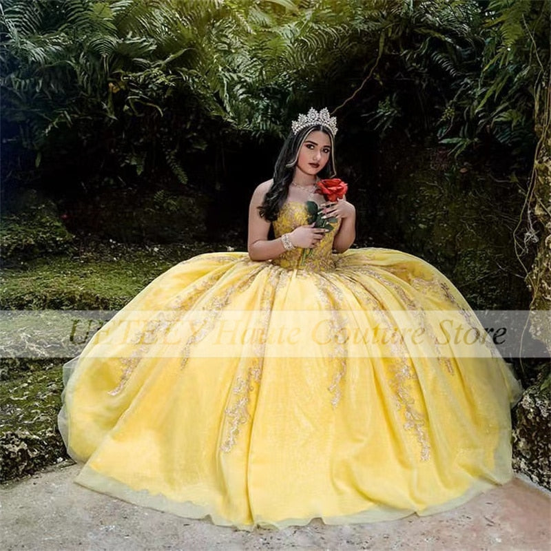 Yellow Formal Quinceanera Dresses for Sweet Girl Beading Sequin Sweetheart Ball