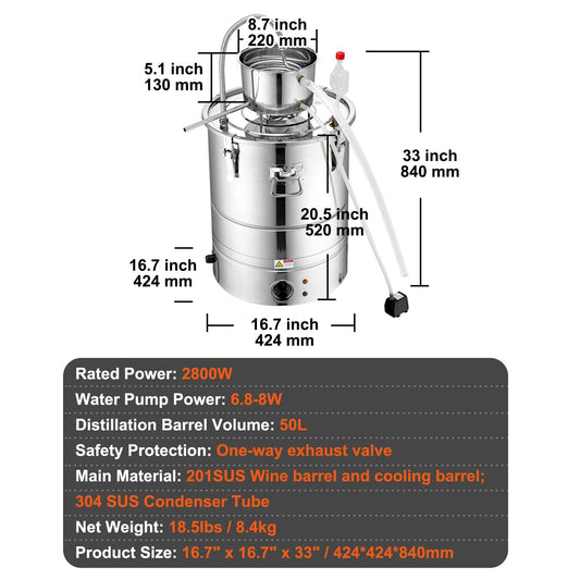 VEVOR 30/50L Stainless Steel Alcohol Distiller Alcohol Still Essential Oil Brew