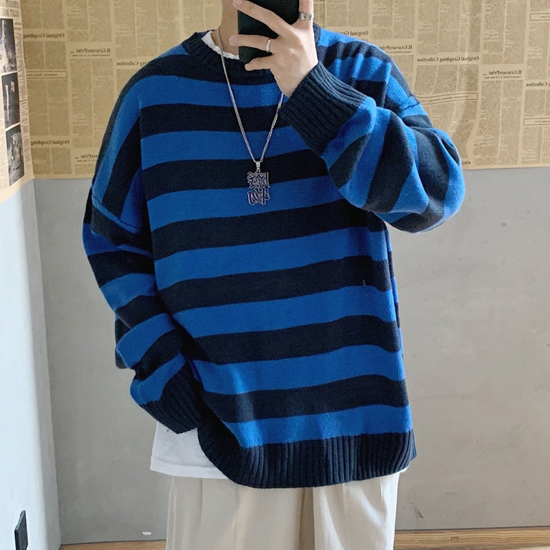 JDDTON New Men's Stripe Sweater Casual Long Sleeve Patchwork Sweater Slim