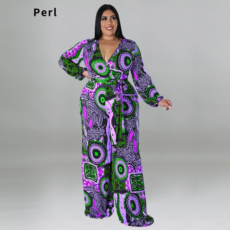 Perl Loose V-neck Full Sleeve Jumpsuit Overall for Women Plus Size Women Clothi