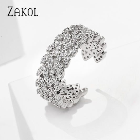 ZAKOL Luxury White Gold Color Geometry Cubic Zirconia Wedding Open Rings