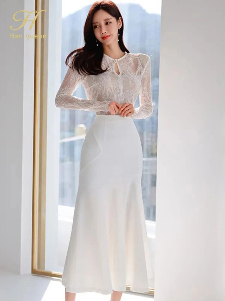 H Han Queen 2023 Autumn Elegant Slim Lace Patchwork Mermaid Dresses Women Korea