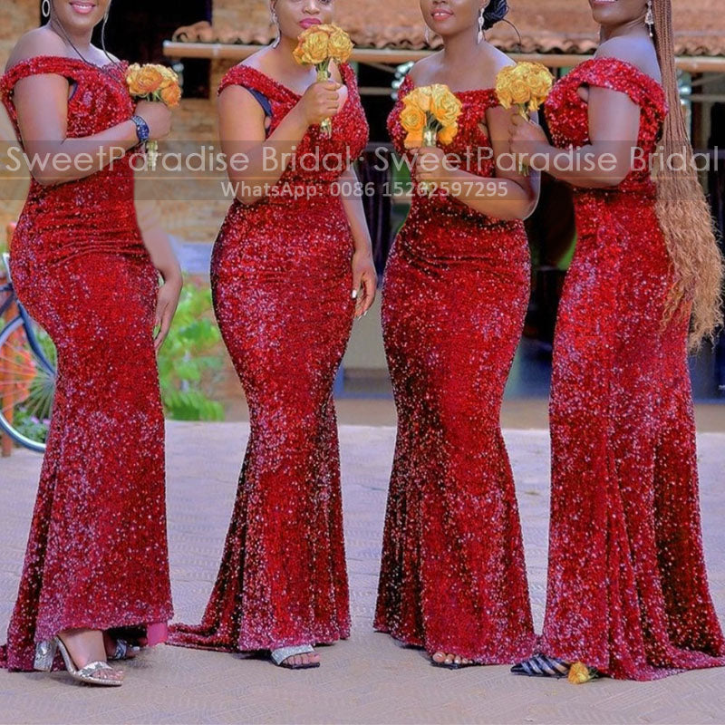 Red Sequined Mermaid Bridesmaid Dresses Long Off Shoulder Women Bling Trumpet We