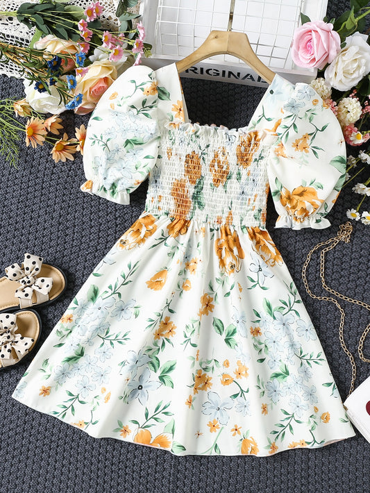 Girls Floral Print Puff Sleeve Frill Trim Dress