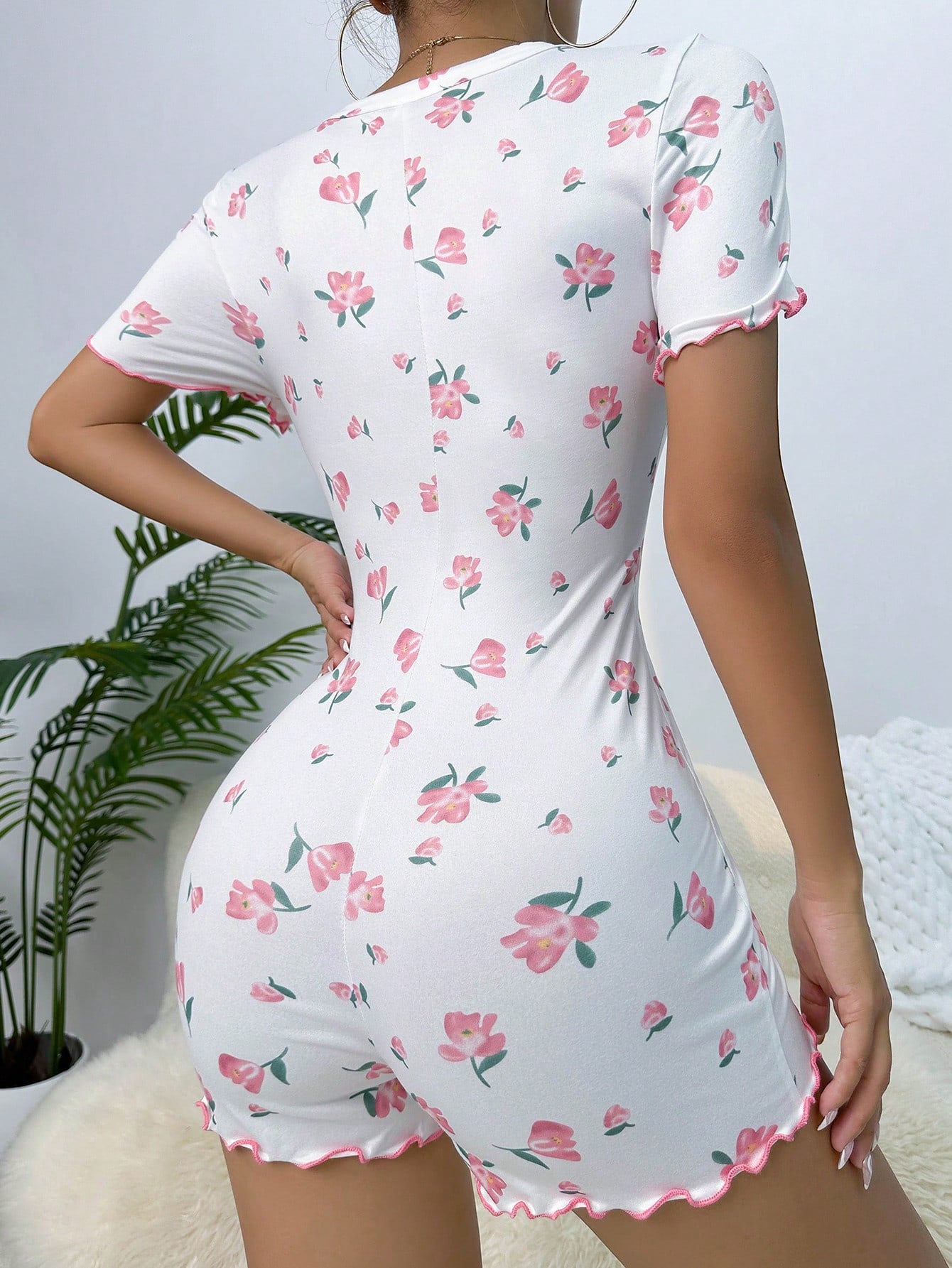 Floral Print Button Front Sleep Romper