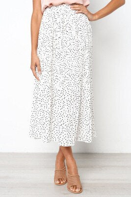 White points floral impression plied midi skirt elastic waist high lateral pocke