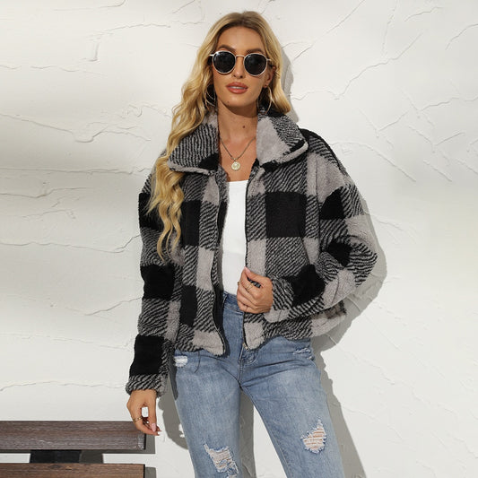 Autumn Winter Women's Plush Coat Fashion Loose Plaid Cardigan Coat Women