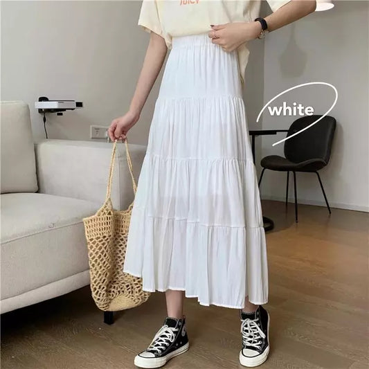 Spring Summer Women Chiffon Skirts Vintage High Waist Elastic Patchwork White