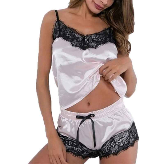 Cute Women Pajamas Set Suspenders Lace Stitching Solid Color Sleepwear