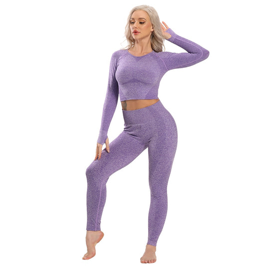 Seamless Yoga Set Workout Suit Fitness Sportswear Women Long Sleeve Crop Top Hig