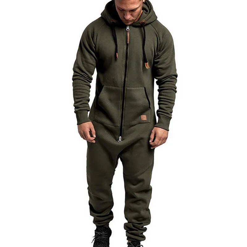 Mens Onesie Jumpsuit Pajamas Long Sleeve Sweatpants Pure Color Splicing Autumn