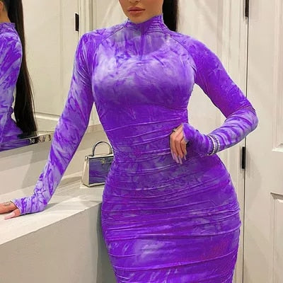 Autumn Winter Women's Bodycon Dress Pleated Elegant Long Sleeve Party Dresses