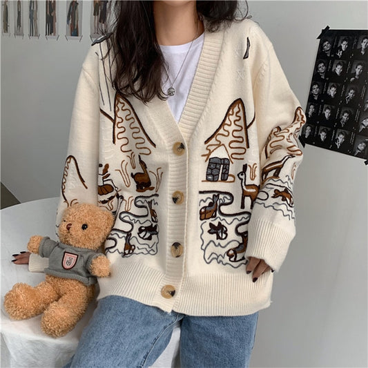 Letter Embroidery Loose Sweaters Women Winter Women Coat Cardigan Preppy Style