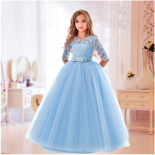 5-14 Year Bridesmaid Girl Lace White Flower Dress For Wedding Ceremony