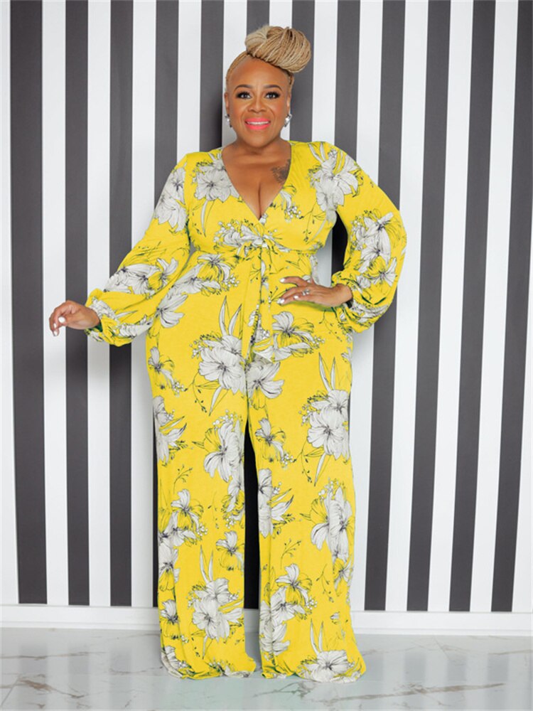 Wmstar Plus Size Romper Women Flower Print Party v Neck Long Sleeve With Sashes