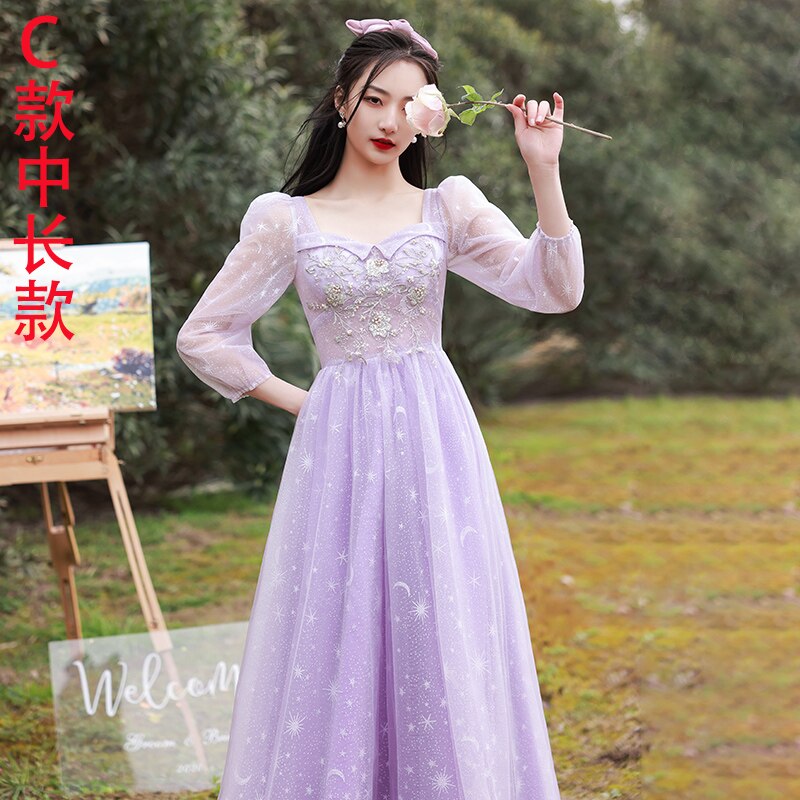 Purple Lilac Bridesmaid Dresses Fashion Princess Lace Up Tulle Long Gown Elegant