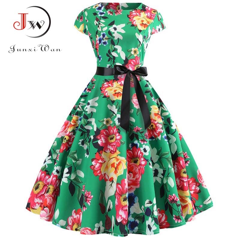 Women Vintage Dress Summer Floral Print Short Sleeve Dresses 50s 60s Office Part