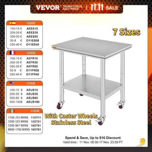 VEVOR Stainless Steel Kitchen Worktable shelves Commercial Work Bench Table wit