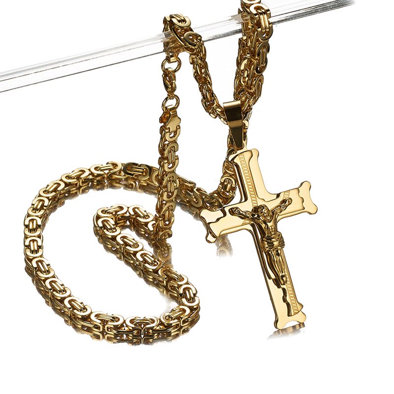 Christian Jesus Cross Pendant Necklaces Thick Link Byzantine Chain Stainless