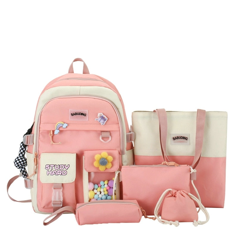 5pcs Sets Children's School Backpack Kawaii Women's Bagpack Bookbag Laptop