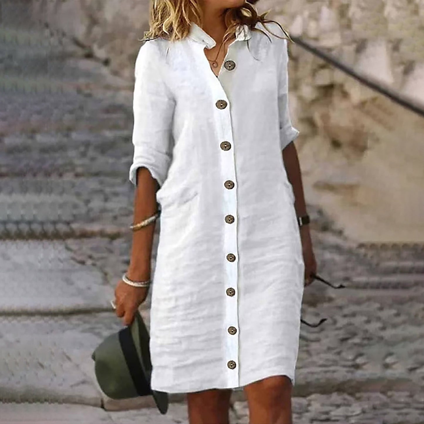 Summer Cotton Linen Shirt Dress Women Button Half Sleeve Casual Mini Dresses Wo