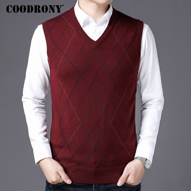 COODRONY Casual Argyle V-Neck Sleeveless Vest Men Clothes 2020 Autumn Winter