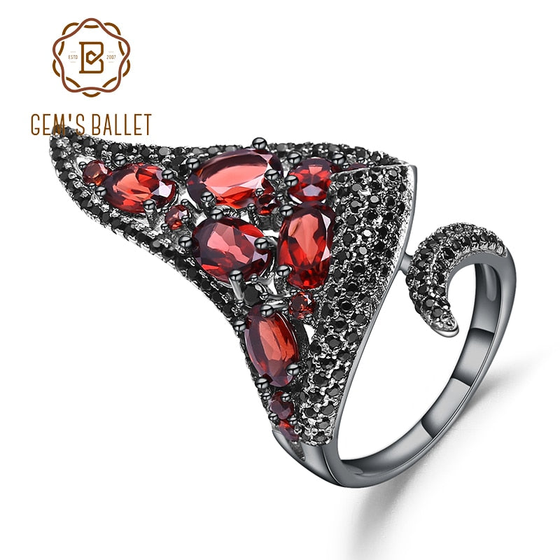 GEM'S BALLET Natural Red Garnet Gemstone Open Finger Ring 925 Sterling Slive