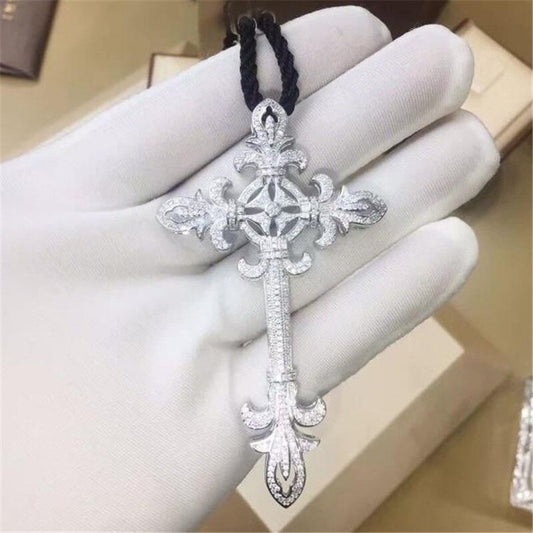 14K Gold Long Diamond Cross Pendant 925 Sterling Silver Party Wedding