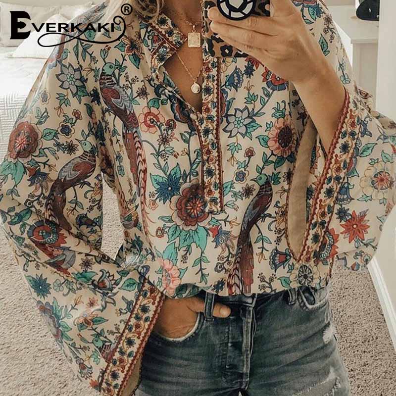 Everkaki Boho Peacock Floral Print Blouses Women Tops Summer Loose Ladies Ethnic