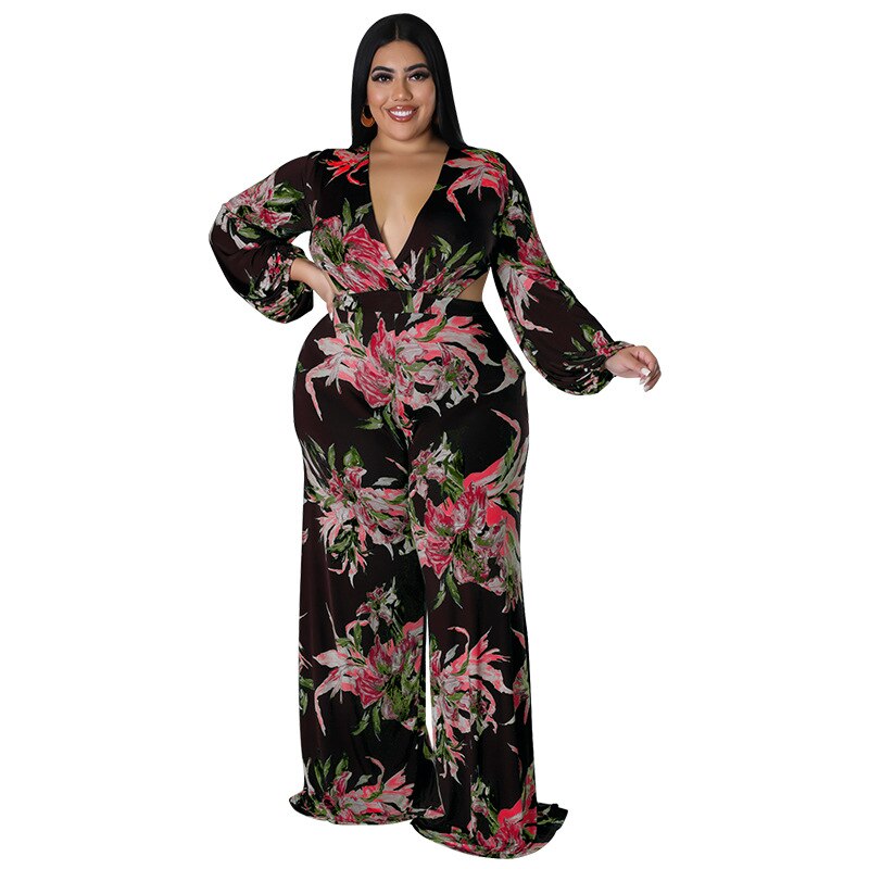 Plus Size Women 5xl Jumpsuits Floral Print One Piece Outfit Fashion v Neck Long