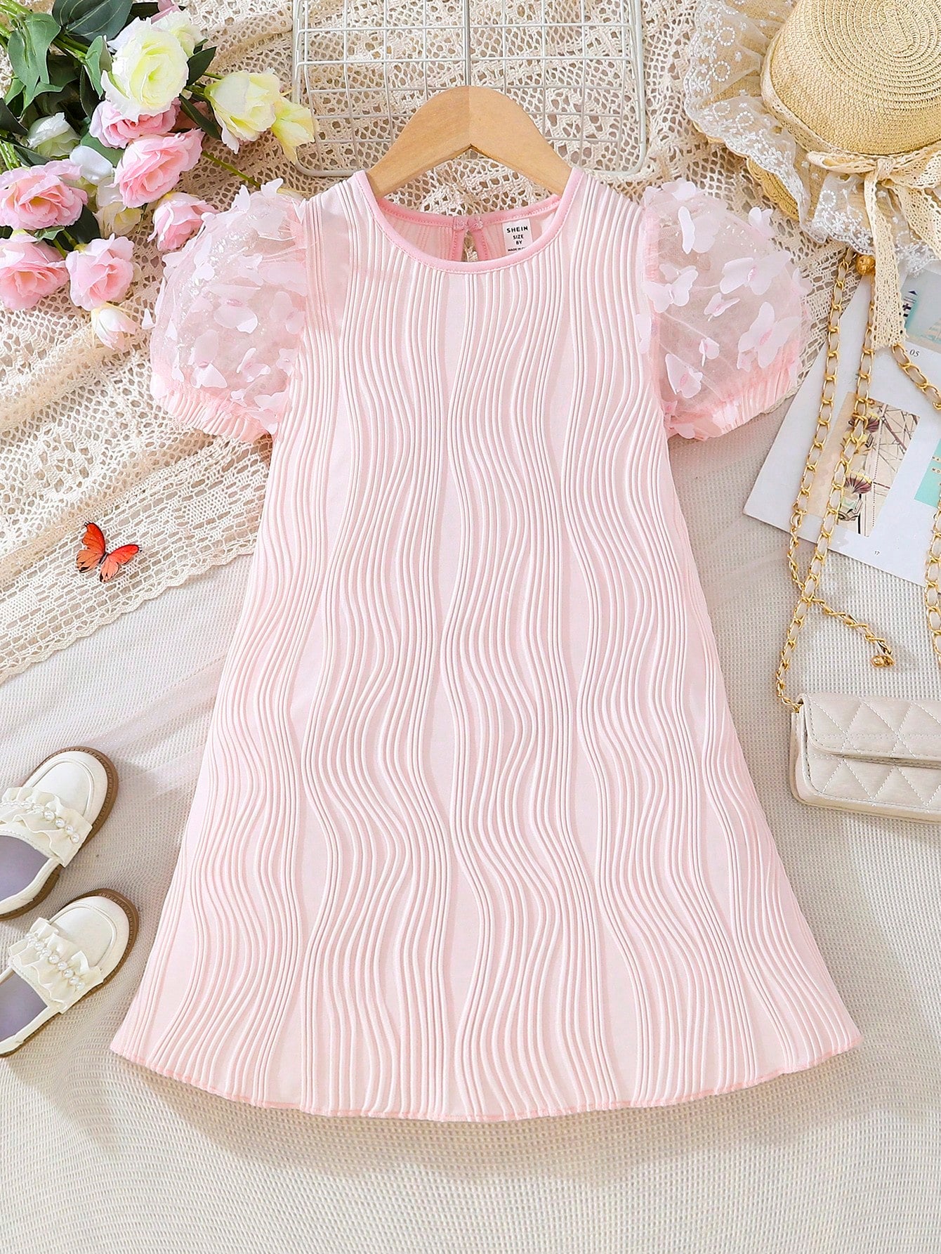 Girls Contrast Mesh Puff Sleeve Dress