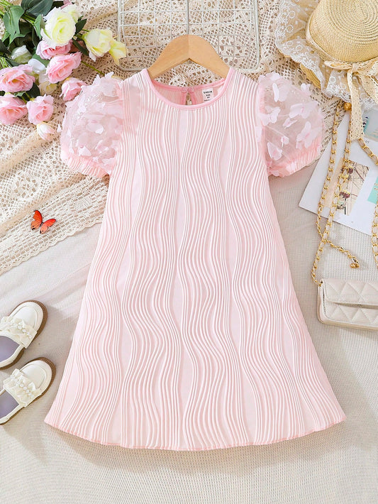 Girls Contrast Mesh Puff Sleeve Dress