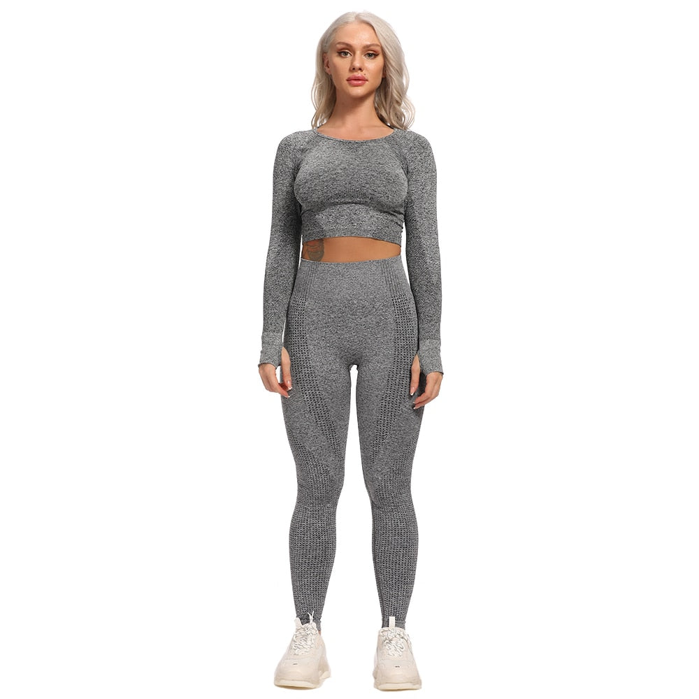 Seamless Yoga Set Workout Suit Fitness Sportswear Women Long Sleeve Crop Top Hig