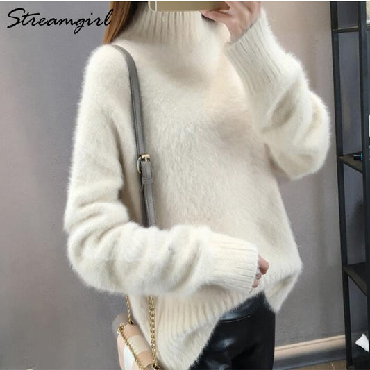 Thick Winter Sweater Women Warm White Turtleneck Fluffy Women's Jumper Winte