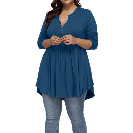 5XL Plus Size Solid Color Tunic TShirts Fashion V Neck Women Button Pleated Cas