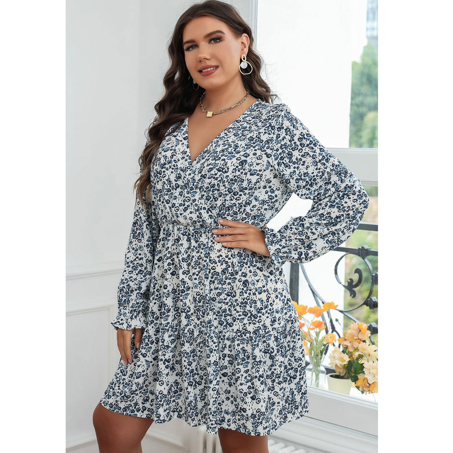 Plus Size Mini Dresses Comfortable Women Long Sleeve Bohemian Style v Neck Eveni