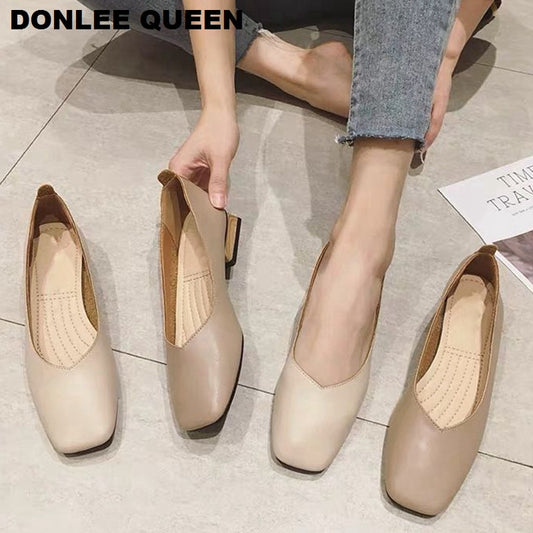 New Spring Flats Shoes Women Wooden Low Heel Ballet Square Toe Shallow Brand Sho