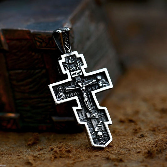 Jesus Cross Men's Stainless Steel Crucifix Eastern Orthodox Pendant Chain