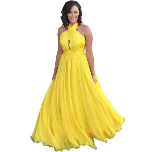 Yellow Chiffon Country Bridesmaid Dresses Floor Length Backless Maid of Honor Dr