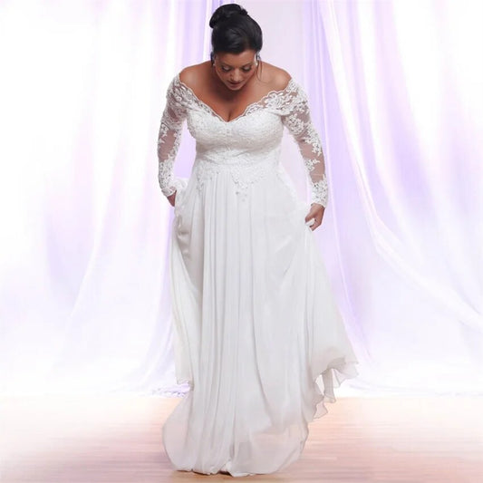 NUOXIFANG White/Ivory Long Sleeves Chiffon Wedding Dresses Plus Size Deep V-nec