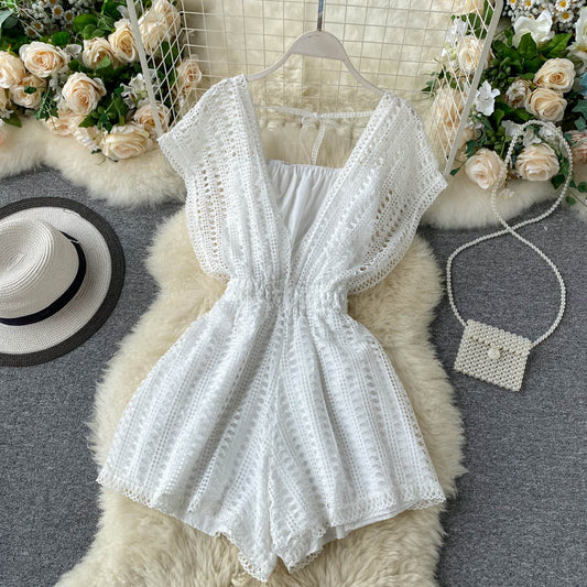 Ins Popular Women Cutout Lace V-Neck Jumpsuit Short Design Wide Leg Summer Short