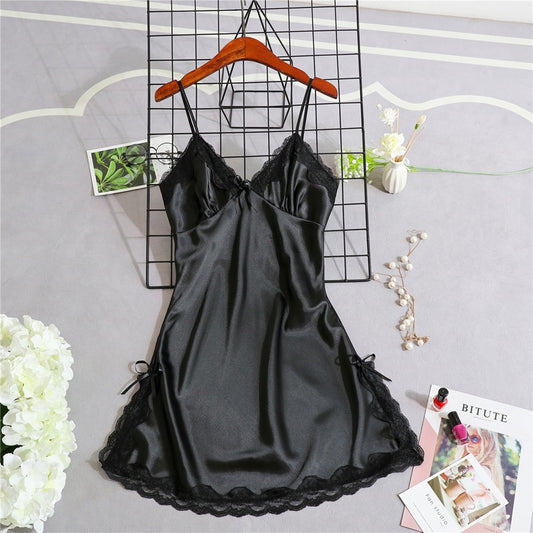 Women's Satin Nightgown Night Dress Women Cute Sleepwear Lace Summer