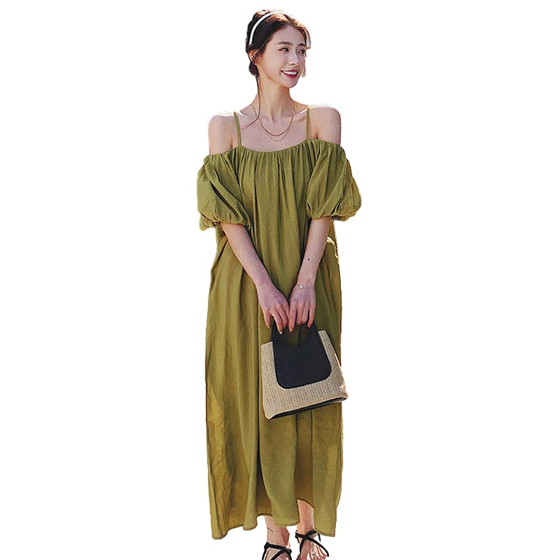 Women Summer Loose Fitting Shoulder Length Long Dress Temperament Suspender Dre