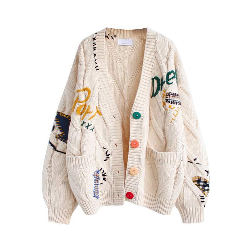 Letter Embroidery Loose Sweaters Women Winter Women Coat Cardigan Preppy Style