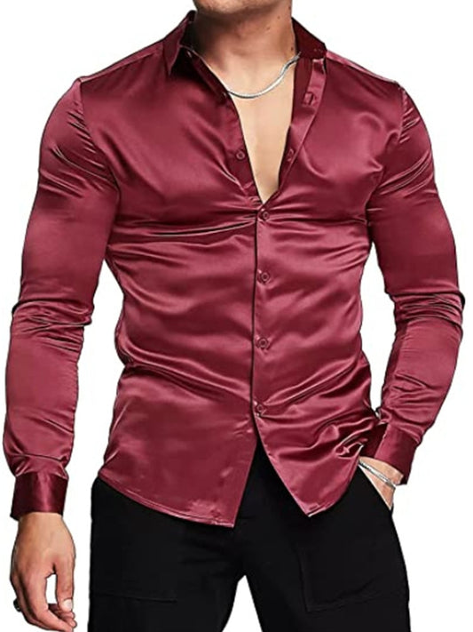 Men's luxurious shiny silk satin dress shirt Long sleeved casual slim muscle