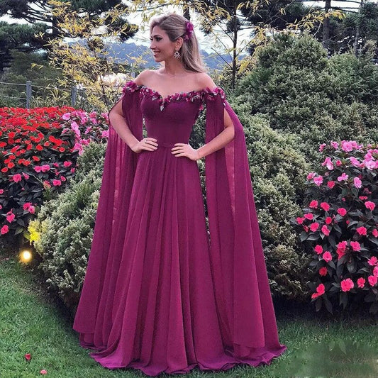 Formal Dresses Evening Wear Long Sleeves Off the Shoulder Appliques Chiffon Prom