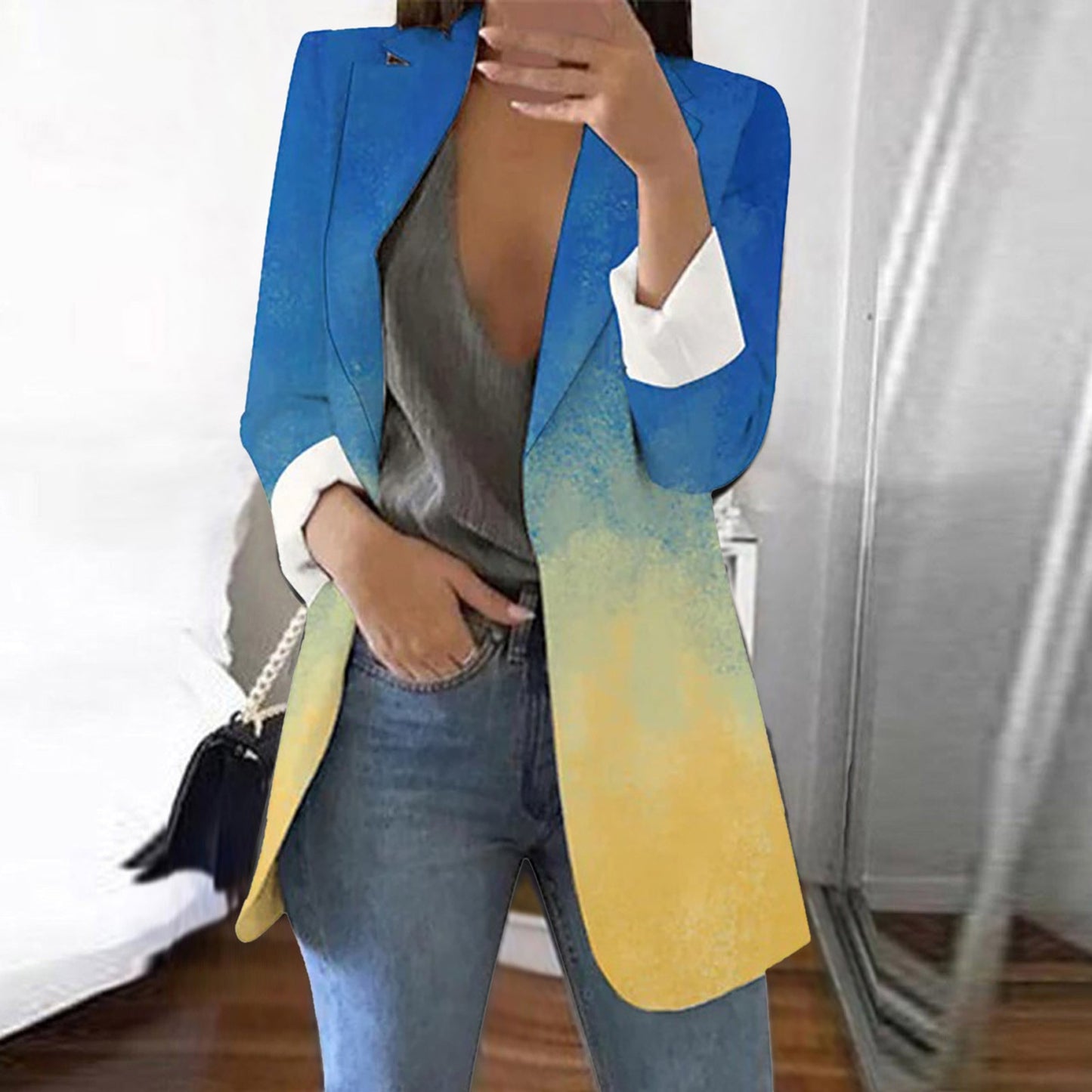 Women Blazer Gradient Print Cardigan Formal Suit Long Sleeve Lapels Office Ladi