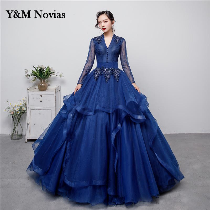 New Fashion Luxury High Neck Blue Quinceanera Dress Long Sleeve Ruched Organza V